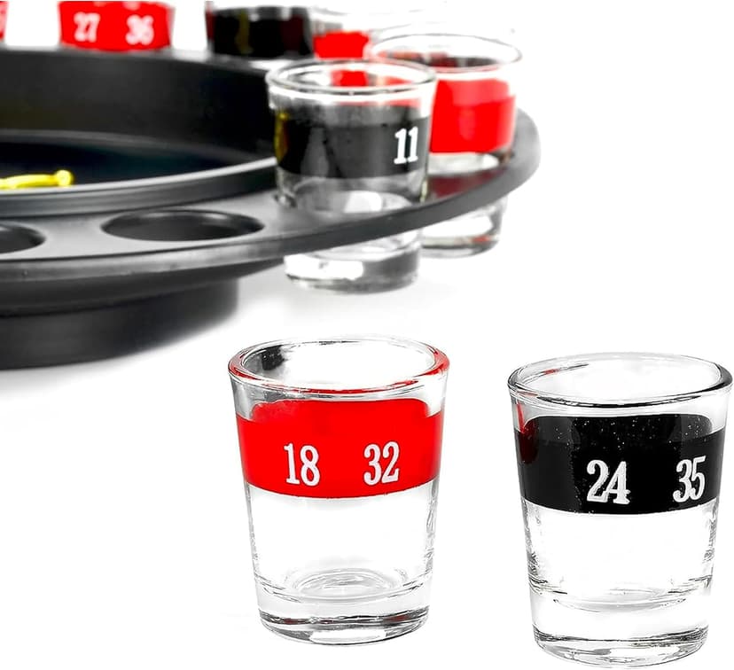 Shot Glass Roulette Drinking Game – 16-Piece Red/Black Set with 2 Metal Balls, Fun Adult Party Game for White Elephant, Game Nights, and Gifts B001JSX7KW