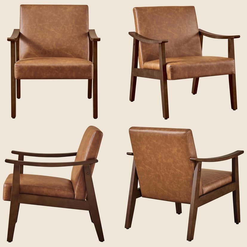 Yaheetech PU Leather Accent Chair, Mid-Century Modern Armchair with Solid Wood Legs, Reading Leisure Chair with High Back for Living Room Bedroom Waiting Room, Brown