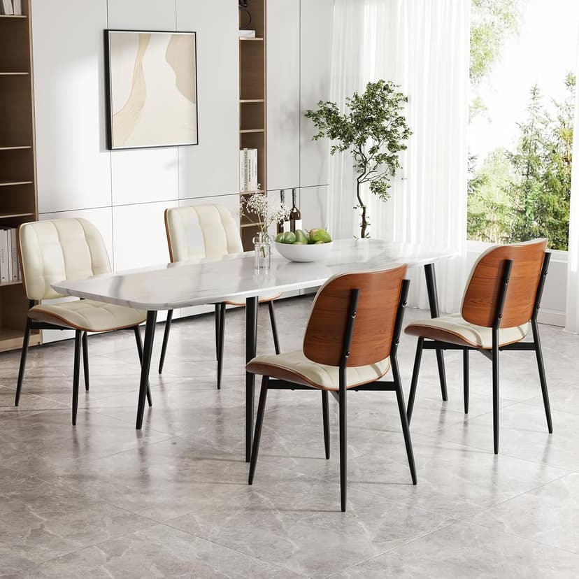 Dining Chairs Set of 2, Mid Century Modern Dining Room Chair with Thick Cushion, Upholstered Faux Leather Kitchen Chairs with Walnut Bentwood Back for Kitchen Dining Room, Beige