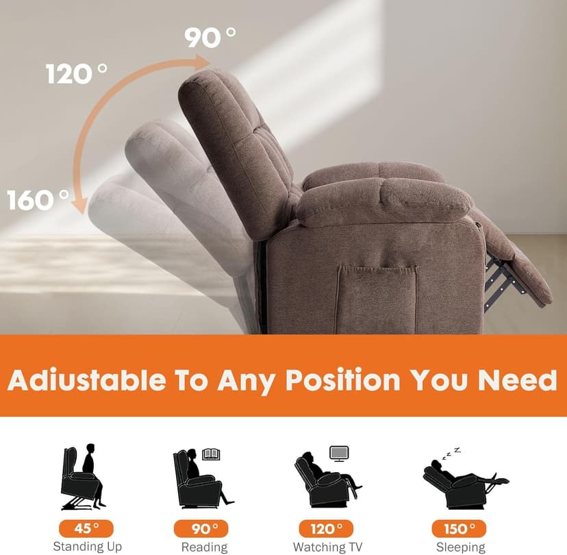 Sweetcrispy Power Lift Recliner Chair with Vibration Massage and Heat for Adults, Ergonomic Overstuffed Breathable Fabric Reclining Chair with Side Pockets, Remote Control, Living Room, Bedroom, Brown