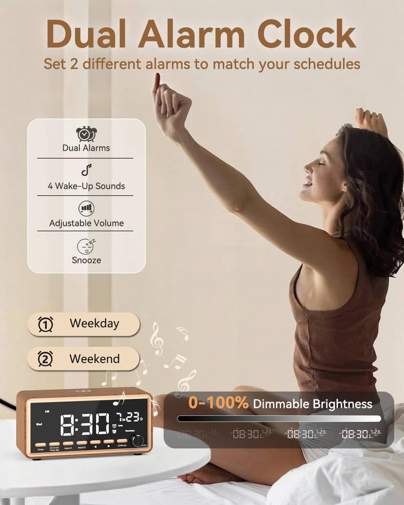 Digital Alarm Clocks Radio for Bedrooms,FM Radio & White Noise Sound Machine with Timer,Bluetooth Speaker,Dual Alarm Clock with Wireless Charging,Dimmable Big LED Display,Holiday Gifts for Men Women