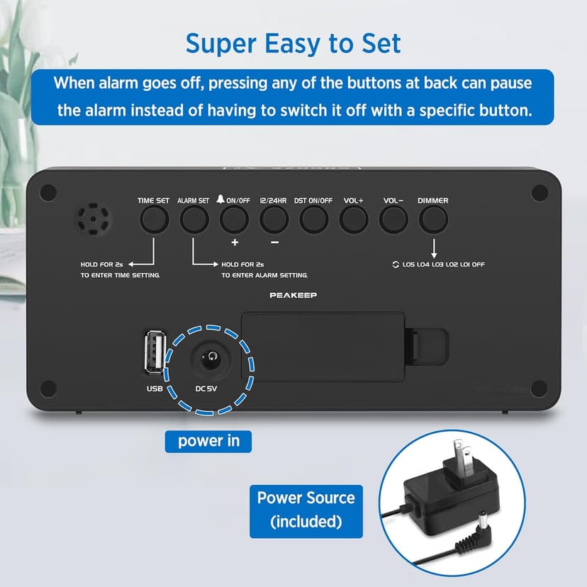 Peakeep Digital Alarm Clock for Bedroom Bedside, Loud Alarm Clock for Heavy Sleepers, Large Big LED Numbers for Seniors, Battery Backup Plug in Electric Clock with USB Charger (Blue)