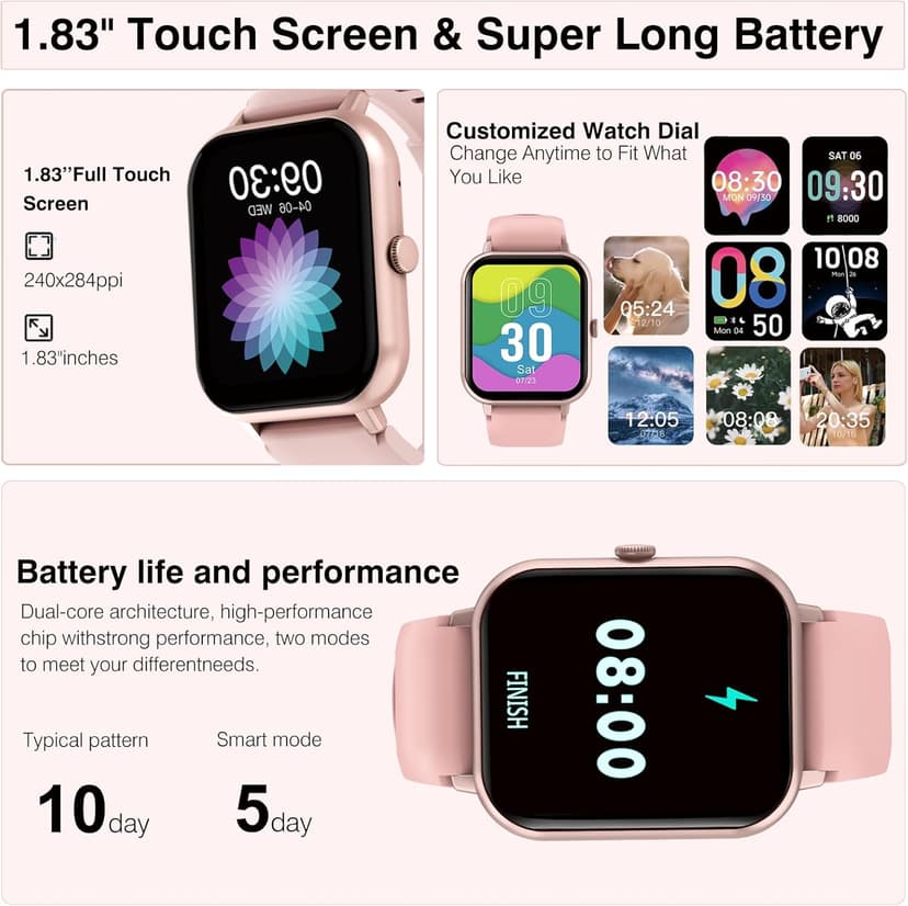 Smart Watch for Men Women Compatible with IOS Android Phone, 1.83" Full Touchscreen IP68 Waterproof Smart Watches,Fitness Tracker with Make/Recive Call 123+ Sport Modes Heart Rate/Sleep Monitor,Pink