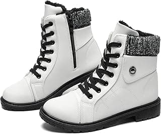 FRACORA Women's PU Leather Combat Boots Warm Fur Lined Black Ankle Booties Side Zipper White Boots Non-slip Winter Boots