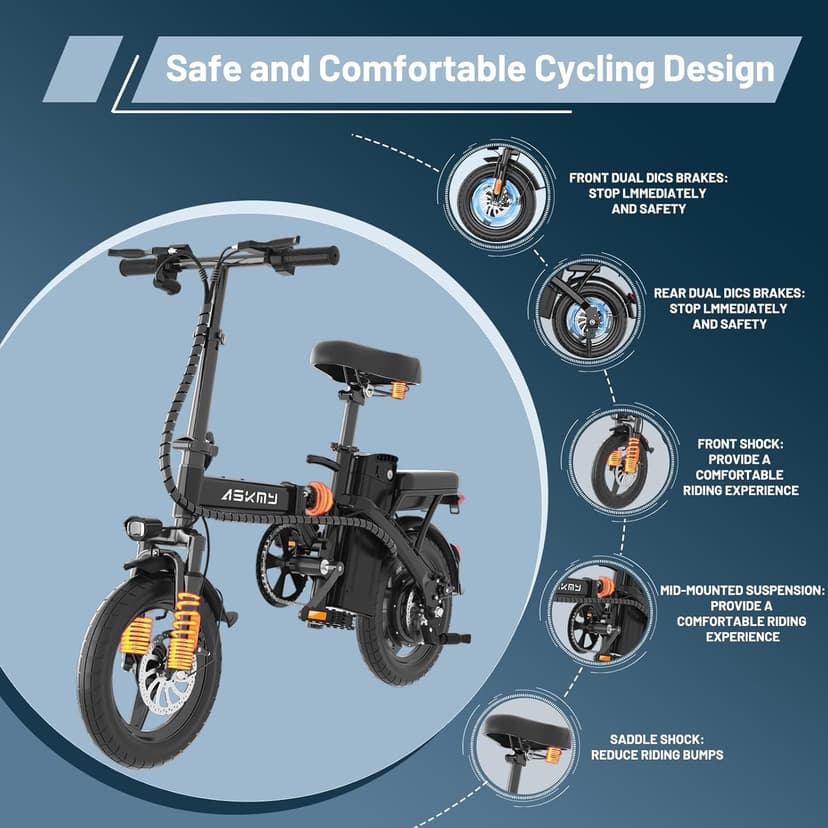 Foldable Electric Bike for Adults and Teens, 700W Peak Motor Ebike with 30-60 Miles PAS Range, 14" Folding Mini E Bike for Commute, Electric Bicycle with 48V Removable Battery