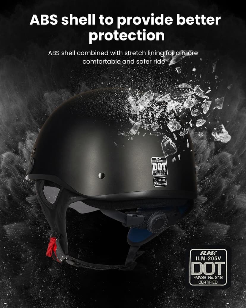ILM Half Helmet Motorcycle Open Face Sun Visor Quick Release Buckle DOT Approved Cycling Motocross Suits Men Women Model-205V (S, Matt Black)