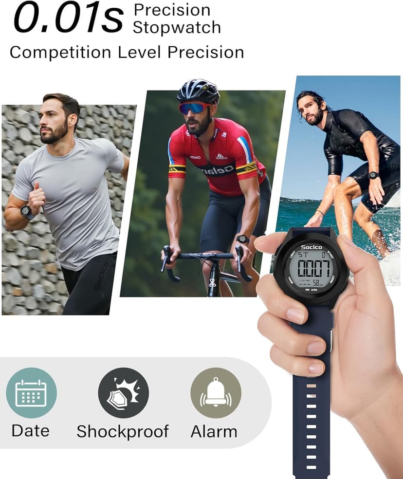 SOCICO Mens Digital Watch Sports Waterproof Outdoor Large Face Military Watches with Stopwatch Back Light Alarm Date Display