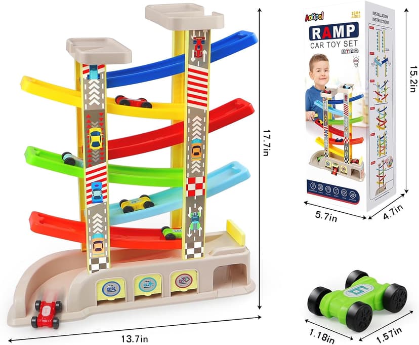 Race Track with Garages and Parking Lots, Car Toys Birthday Gift for Boys Girls Age 18+ Months, Preschool, Fine Motor Skills Montessori Toys for 2 3 Year Old Boys Toddlers, Car Ramp Toys with 6 Cars B08ZN3W7DV
