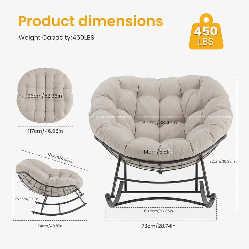 NEWBULIG Outdoor Patio Rocking Chair with 5.5" Thick Cushion, Oversized Egg Lounge Chair, 450 Lbs Heavy Duty, Water-Repellent Fabric, for Garden, Porch, Living Room