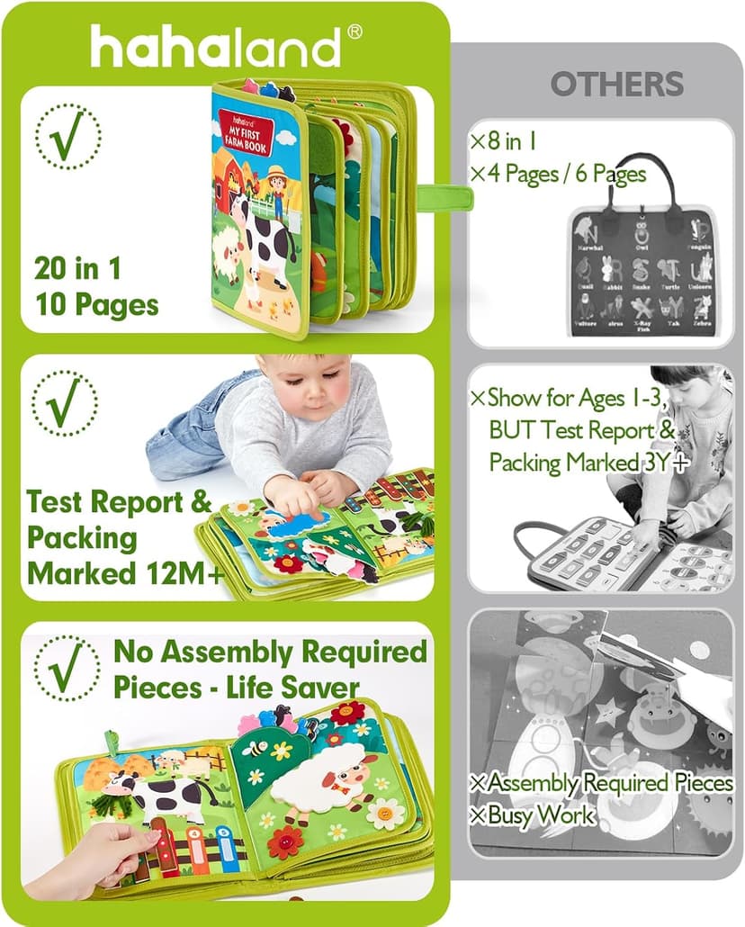 1 Year Old Boy Gifts Educational Quiet Activity Books 10 Pages, Toddler Christmas Stocking Stuffers One Year Old Travel Toys hahaland Busy Book for Toddlers 1-3 - Montessori Toys 1 Year Old Busy Board B0CR3FQ58C