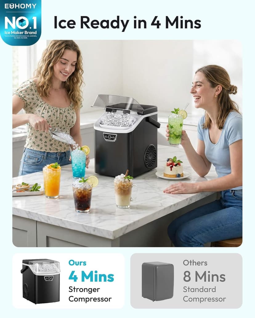 EUHOMY Nugget Ice Maker Countertop with Handle, Ready in 4 Mins, Max 40lbs/24H, Chewable Ice, Self-Cleaning, Portable Sonic Ice Maker with Basket and Scoop, for Home/Party/RV/Camping (Black)