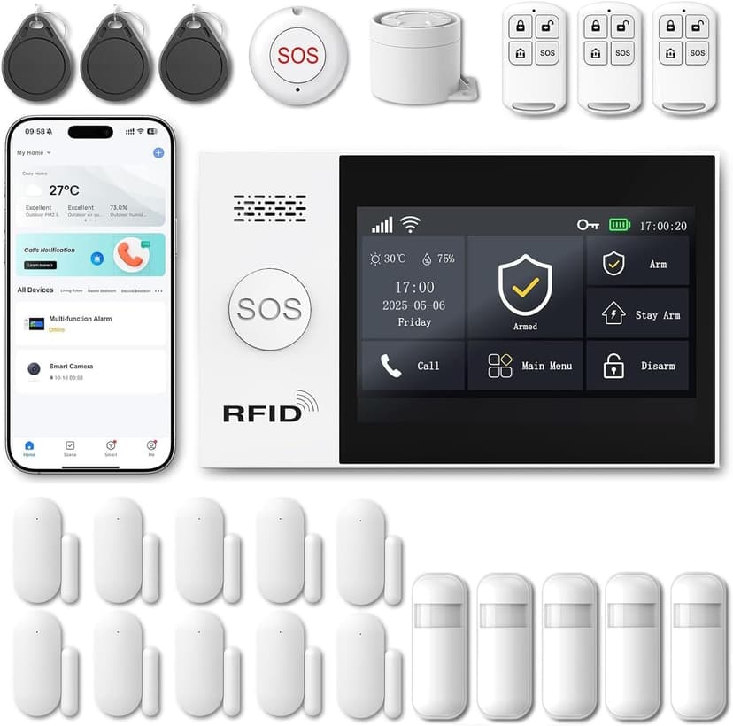 WiFi Wireless Alarm System for Home Security - 24/7 Protection Smart Home Devices 4.3" Touch Screen, GSM/4G+WiFi, App Instant Alerts, No Monthly Fee, Alexa Compatible for Villa, Kids Safety (24 pcs)