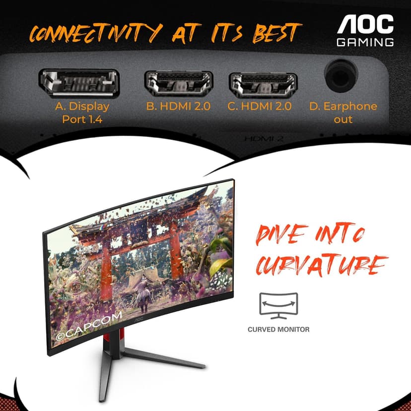 AOC 27" Curved Gaming Monitor, FHD 1080p, 280Hz (DP) 240Hz (HDMI), 0.3ms MPRT, VA Panel 1500R, AMD FreeSync Premium, HDR Ready, Height Adjustable, DisplayPort HDMI C27G4ZH
