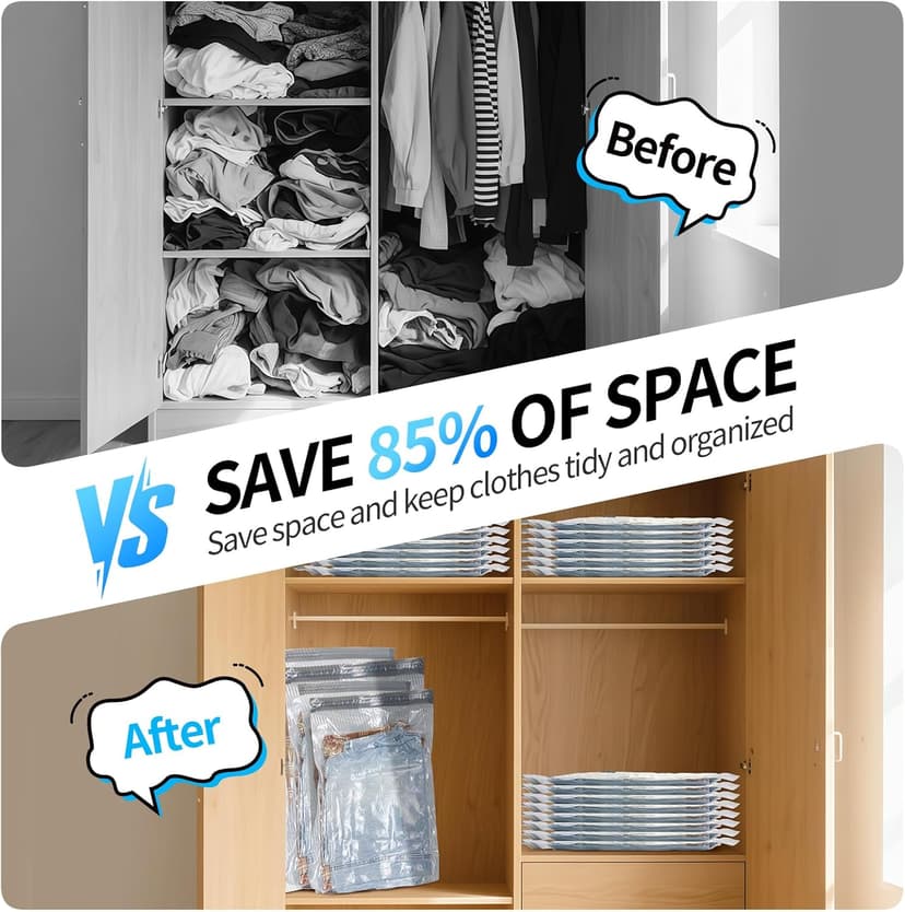 16 PCS Vacuum Seal Bags for Clothing with Electric Air Pump, Compression Space Saver, Vacuum Storage Bags for Luggage, Travel, Blankets, Pillows, Bedding and Moving, Hand Pump Included