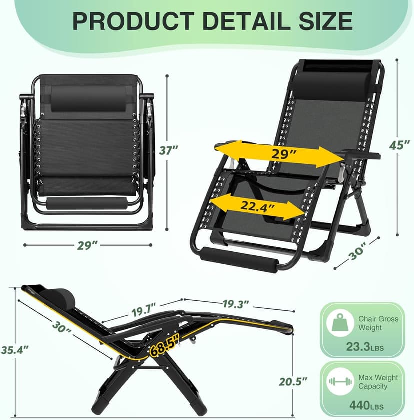 Suteck Oversized Zero Gravity Chair,29In XL Lounge Chair w/Removable Cushion&Headrest, Reclining Camping Chair w/Upgraded Lock and Footrest, Reclining Patio Chairs Recliner for Indoor Outdoor