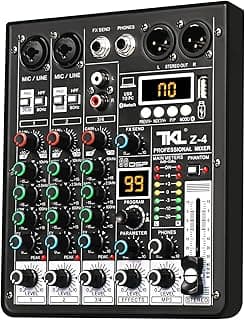 TKLBLS 4 Channel Audio Mixer, Professional DJ Mixer Sound Board Mixing Console with 99-Bit DSP Effect, Bluetooth USB Interface Stereo Mixer Board with 48V Phantom Power For Recording Live Stream