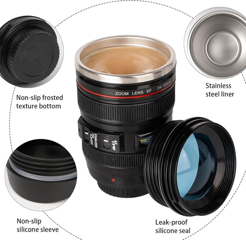 Camera Lens Coffee Mug,Travel Coffee Cup,Stainless Steel Lens Mug Thermos Camera Mugs with Lid and Spoon,Cool Gifts for Photographers Men and Women