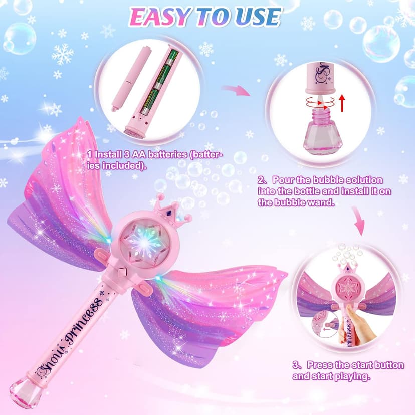 3 AA Batteries & 2 Bubble Solutions, Outdoor Party Birthday Gift for Girls 3-8, Bubble Machine for kids, Princess Toys, Pink Bubble Wand for Kids, LED Light Music Bubble Toys Girl Gifts Age 3+ B0BX57W4RX