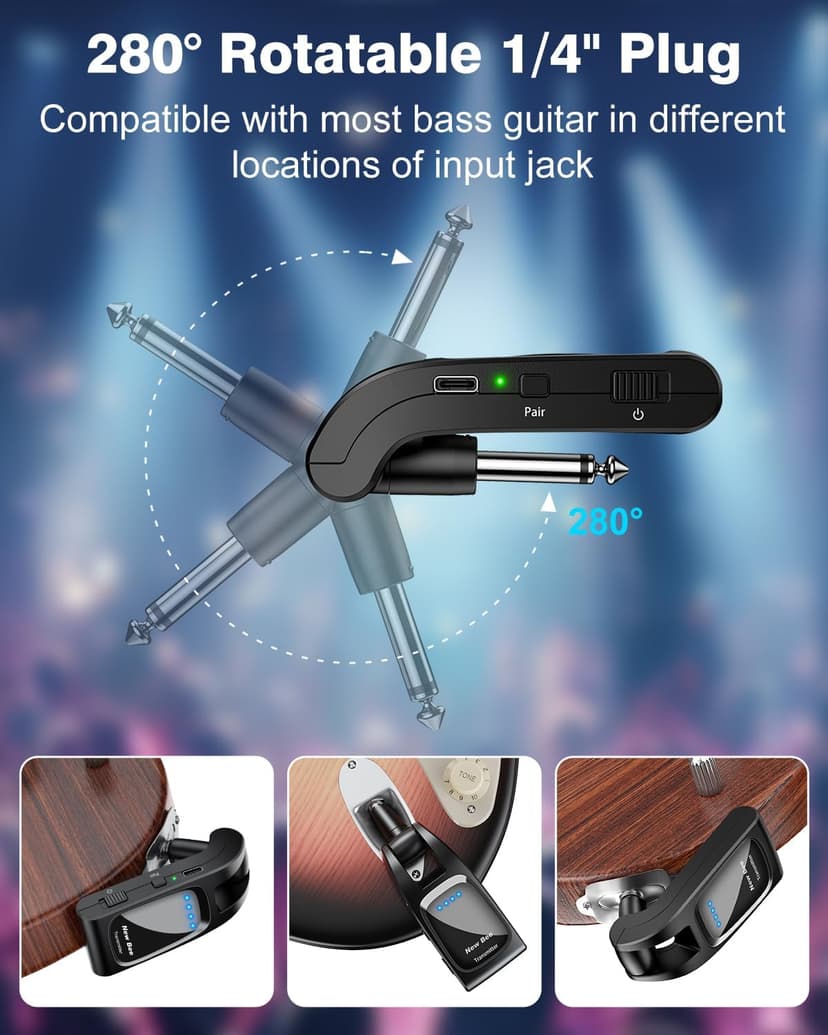 Wireless Guitar System 2.4 GHz with 6 Channels Rechargeable Audio Wireless Guitar Transmitter Receiver for Bass Electric Instruments