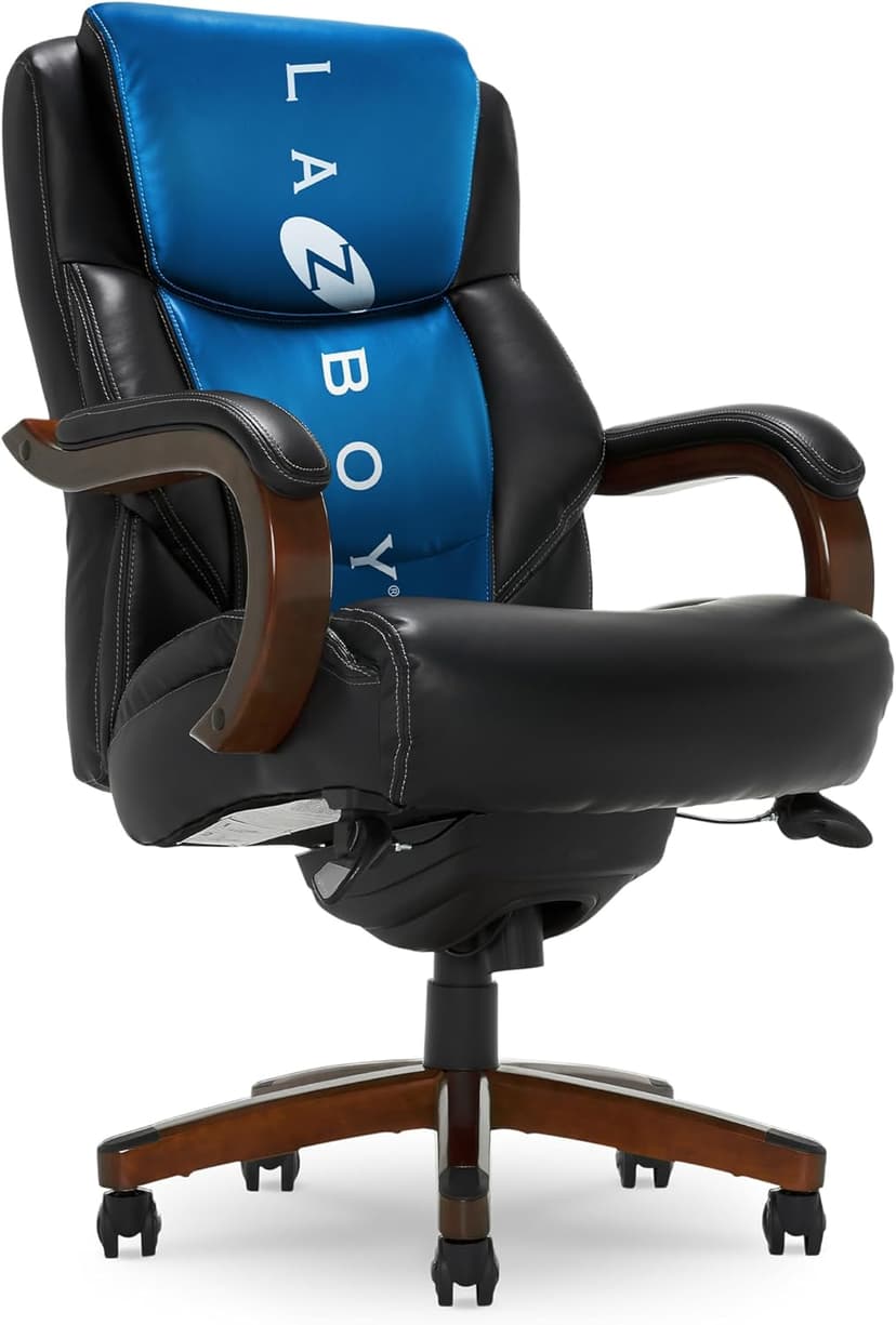 La-Z-Boy Delano Big and Tall Executive Office Chair - Ergonomic Lumbar Support Memory Foam - Bonded Leather Desk Chair for Home Office - Mahogany Wood Arms - Black