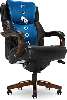 La-Z-Boy Delano Big and Tall Executive Office Chair - Ergonomic Lumbar Support Memory Foam - Bonded Leather Desk Chair for Home Office - Mahogany Wood Arms - Black