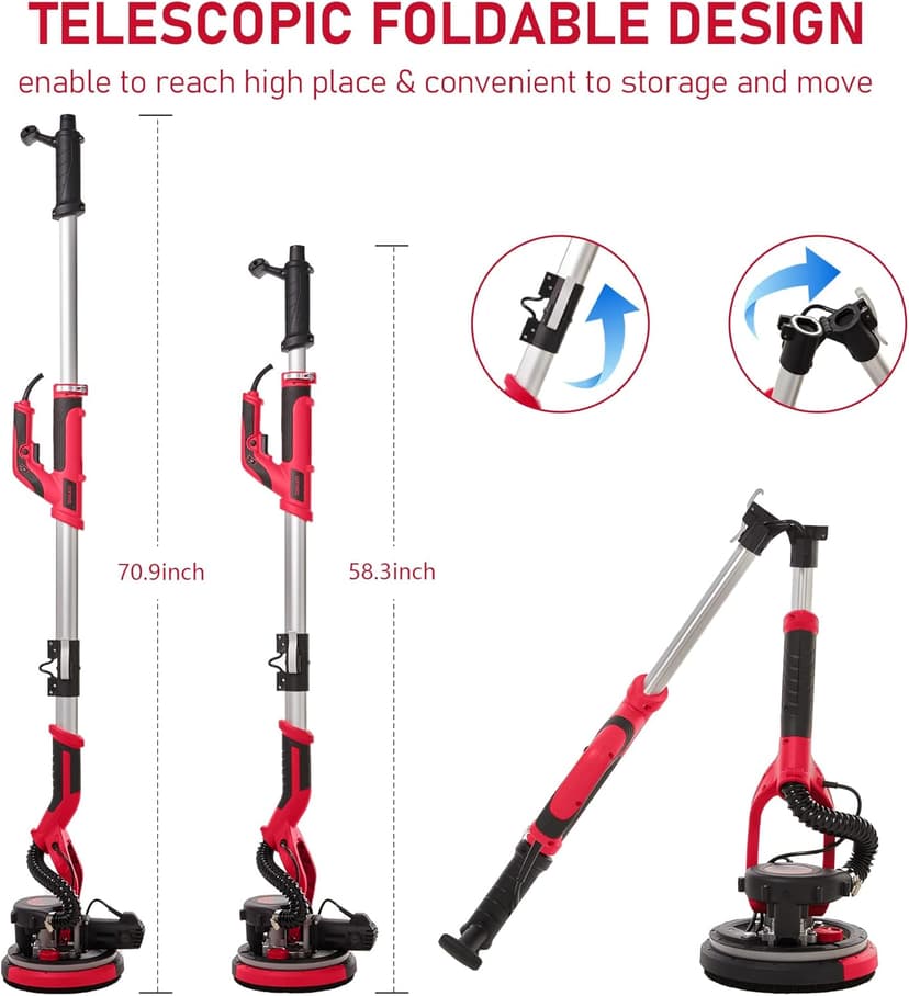 Cofiyard Drywall Sander with Vacuum Dust Collector,1250W Electric Drywall Sander ,7 Variable Speed LED Light 900-1800RPM,Foldable & Extendable Handle Ceiling Popcorn Removal Tool