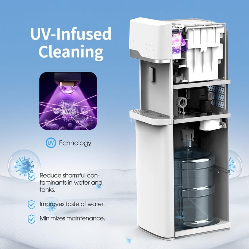 IKT 4-in-1 Hot/Cold Water Cooler with Ice Maker, 5 Gal, Bottom Load, Bullet Ice 22lbs Per Day Innovative Slim & Sleek Design for Home or Office White