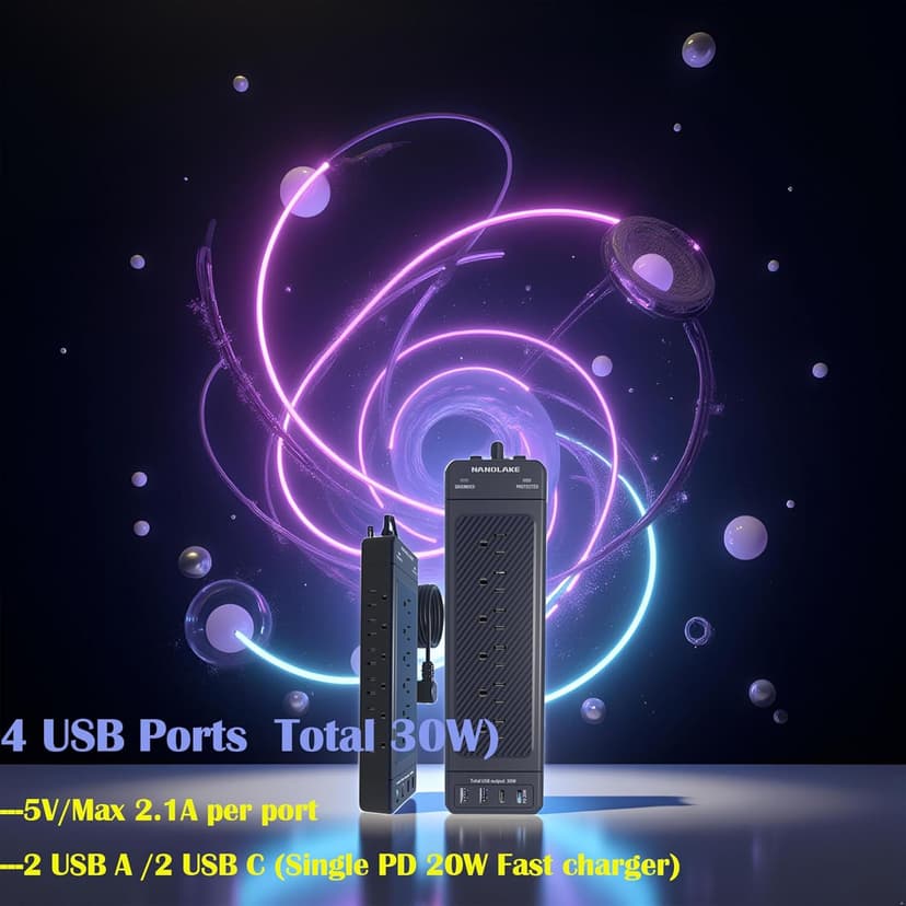 Surge Protector Power Strip/Heavy Duty 10ft Extension Cord with Multiple outlets/High Joules Protection (4800J)/18AC/1875W/15A/Usb A+C(PD20W),Flat Plug,Commercial,Industrial,Office,Home,Black