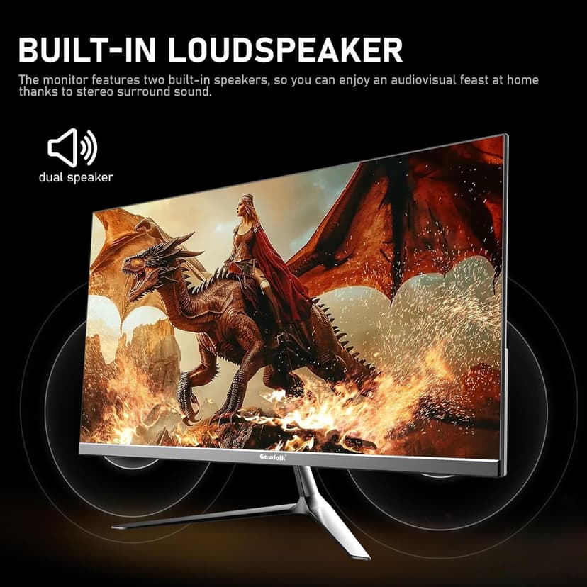 Gawfolk 24.5 Inch PC 200Hz Gaming Monitor, FHD 1080p screen, Built-in speakers,1ms without Bezel, freesync, 99% sRGB, 178 ° Angle View, HDMI、DisplayPort, Compatible with wall mounting 75*75MM - Black