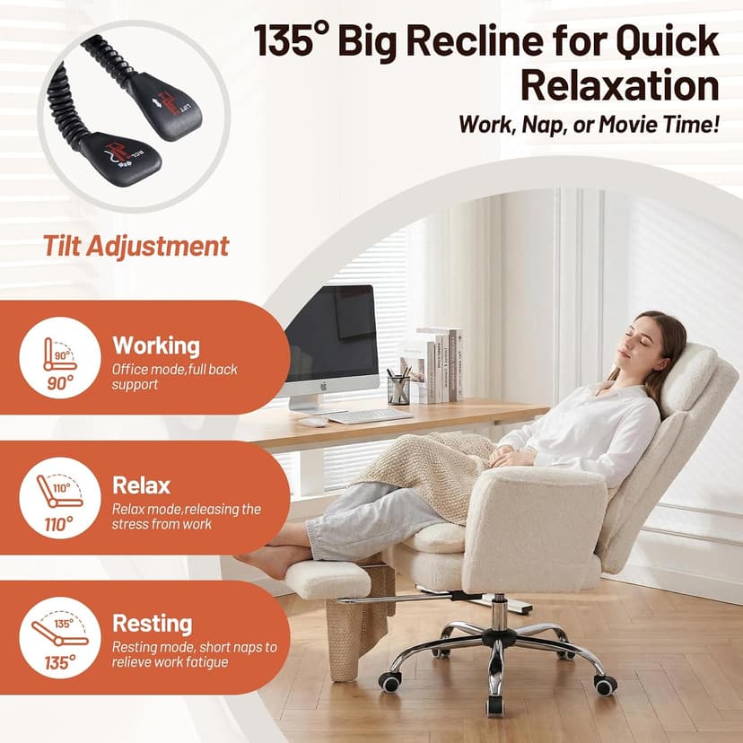 Furniliving Criss Cross Office Chair with Armrests & Wheels, Big and Tall Office Chair with Footrest, Flip Armrests for Pets, Wide Seat Cross Legged Desk Chair, Ergonomic Computer Chair, Teddy, White