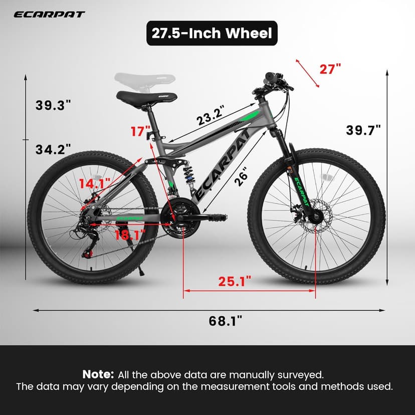 27.5 Inch Full Suspension Mountain Bike, Front & Rear Shock Absorbers, Mechanical Disc Brakes, 21-Speed Steel Frame, for Men & Women, Outdoor & Fitness Cycling