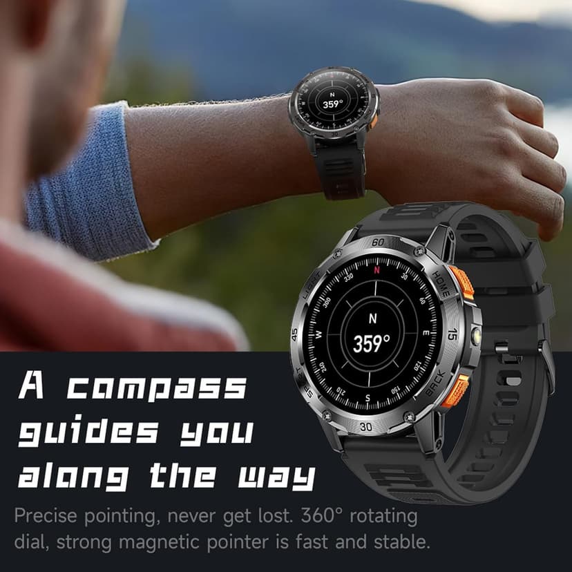 Jooeniok 2026 New Outdoor Compass with Bluetooth Calling and Health Monitoring - 100+ Exercise Modes, Music Playback, Voice Assistant, Waterproof, 1.53-inch Screen, Flashlight for Fitness and Sports