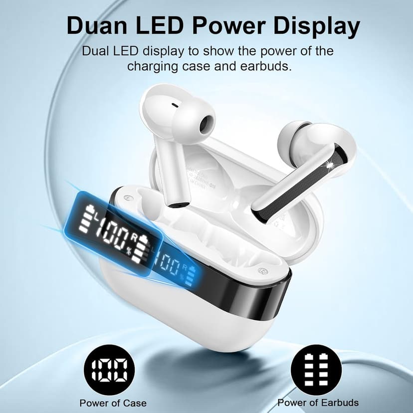 Wireless Earbuds, Bluetooth 5.4 Headphones HiFi Stereo, Bluetooth Earbuds with 4 ENC Mics, 48H Playtime Ear buds with LED Display Charging Case, IP7 Waterproof In Ear Earphones for Android iOS White