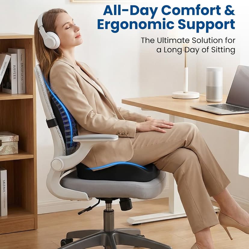Seat Cushion Lumbar Support Pillow for Office Chair, X Large Memory Foam Chair Cushions for Sciatica Tailbone Pain Relief Coccyx Pad for Wheelchair, Car, Home, Office, Desk