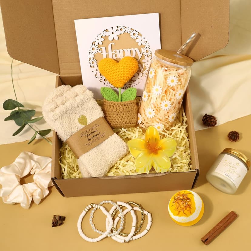 Birthday Gifts for Women, Unique Happy Birthday Gift Baskets for Teen Girls, Women, Her, Best Friend, Daughter, Sister, Self Care Package Cute Daisy Aesthetic Glass Cups Gift Box 9pcs Set B0FL1NQ5X4
