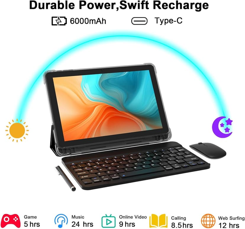 CUPEISI Android 15 Tablet 10 Inch, 20GB RAM+128GB ROM/2TB Expandable, 2.0GHz Quad-core Processor, 1280*800 HD Screen, 5G WiFi6 BT 5.0, 2 in 1 Tablets with Keyboard Case Mouse Stylus, Widevine L1 Black