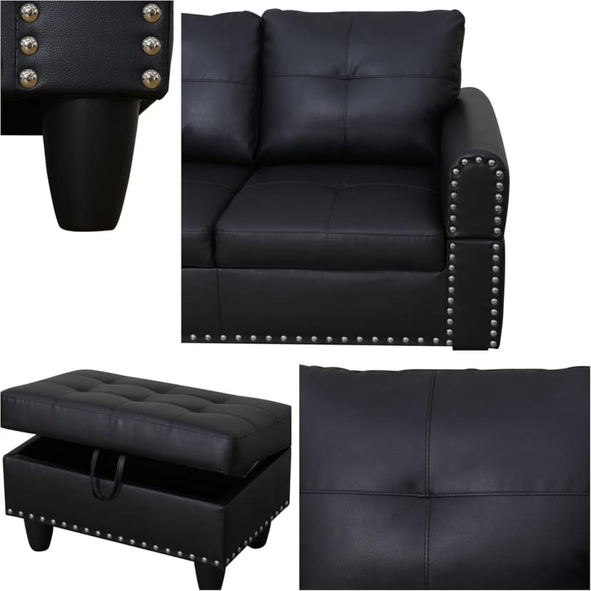 Trygoal Leather 3-Piece L-Shaped Couches for Living Room, Sectional Sofa with Storage Ottoman & Movable Chaise, Modular Convertible Couch for Bedroom & Apartment, Deep Black