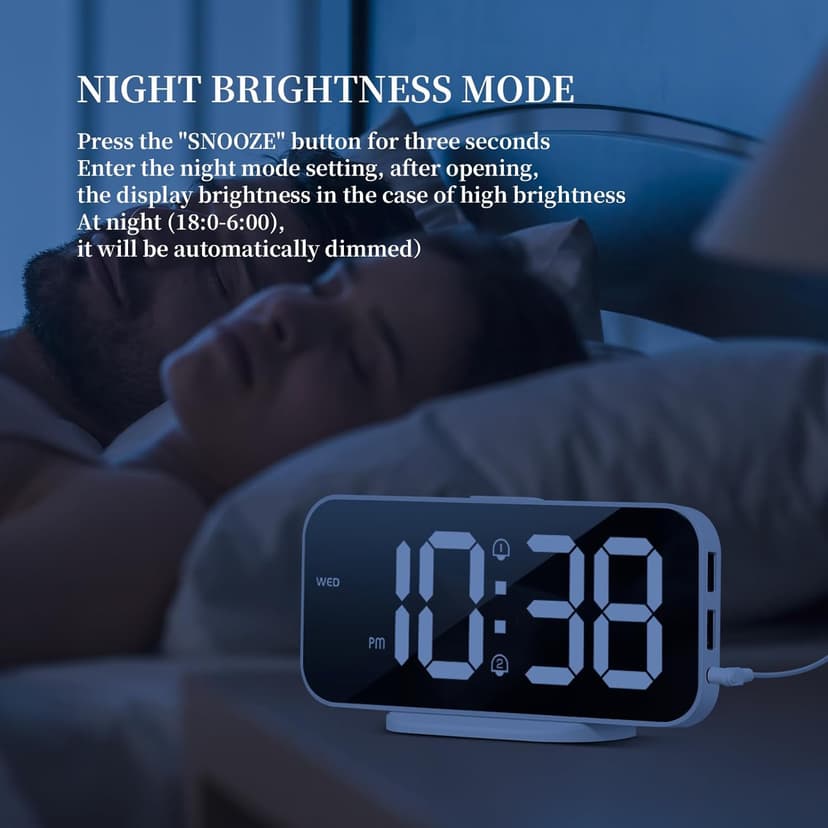 SMOUPING Digital Alarm Clock for Bedroom,6.7" LED Clock Mirror Surface with 2 USB Charger Port,Adjustable Brightness,Dual Alarm,Snooze,12/24H,Large Display Clock for Room Decor(White)
