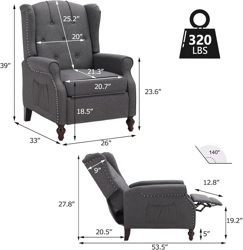 Wingback Recliner Chair with Massage and Heat, Wingback Recliner Tufted Fabric Push Back Recliner Chair for Living Room, Vintage Wingback Chair with Remote Control, Padded Cushion, Wooden Legs