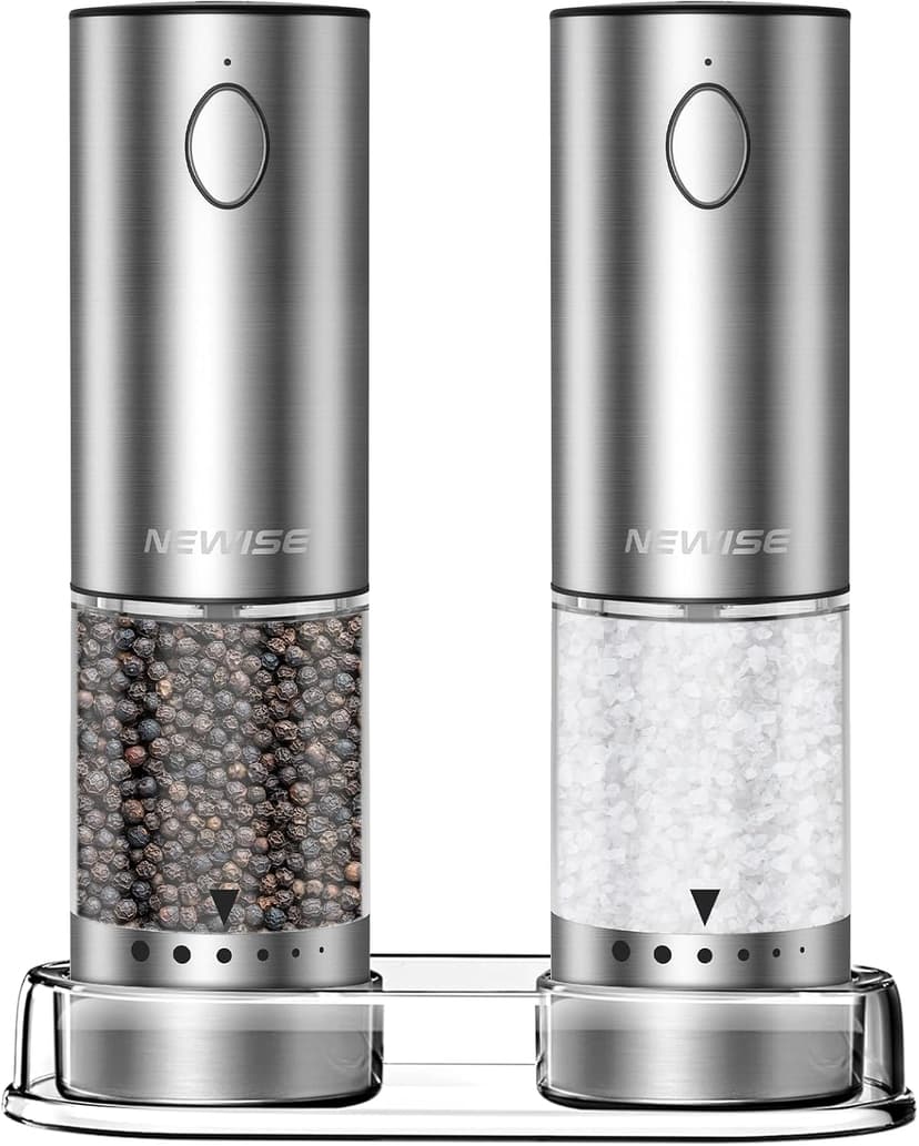 Salt and Pepper Shakers with Adjustable Coarseness, LED Lights, Large Capacity, Kitchen Appliances Gifts for Women Newise Electric Salt and Pepper Grinder Set, Rechargeable, Stainless Steel B0CZCNDWYB