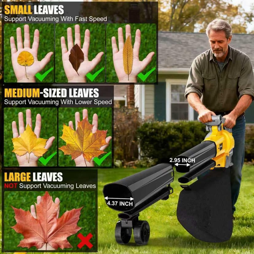 Cordless Leaf Blower Vacuum Mulcher Compatible for Dewalt 20V Battery(NO Battery), 3-in-1 Handheld Leaf Vacuum Mulcher with 40L Bag, 4 Variable Speeds with Turbo Modes for Yard Patio Driveway Cleanup