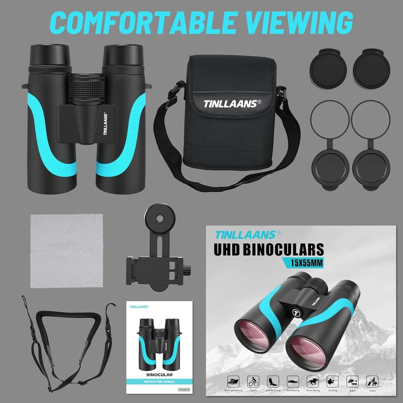 15x55 UHD Binoculars for Adults – High Powered Large View, BAK4 Prism, Waterproof & Lightweight for Bird Watching, Hunting,Hiking, Travel, Cruise, Sports with Phone Adapter (Blue)