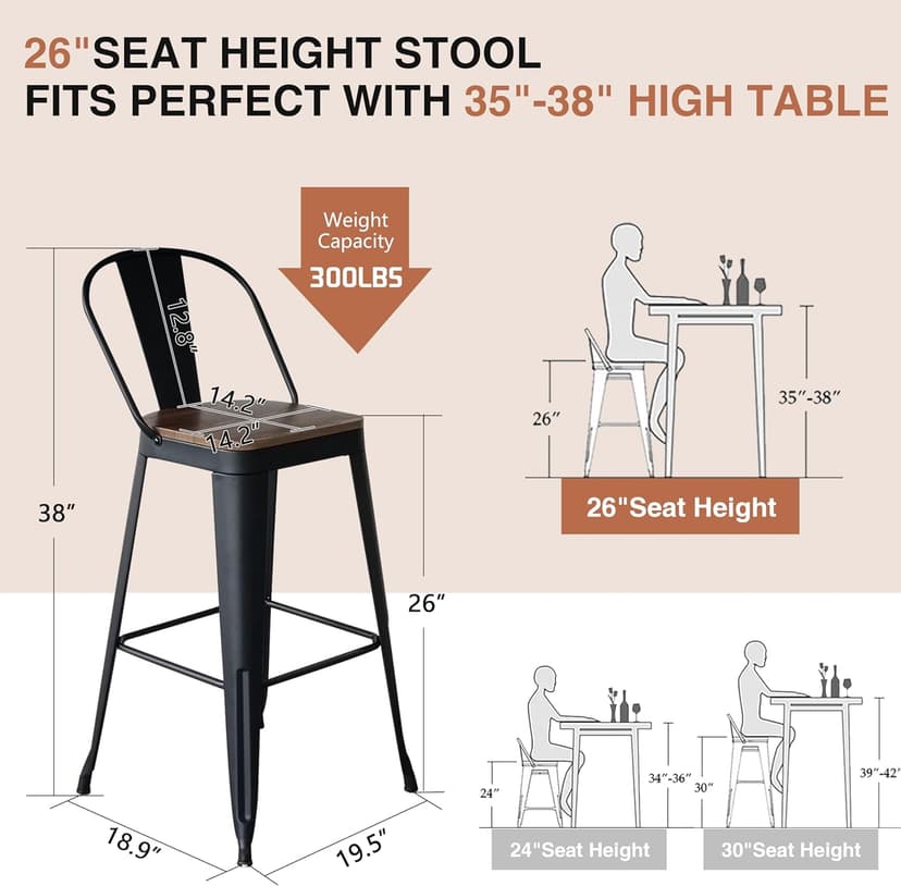 ALISH 26 Inch Industrial Bar Stools Set of 4, High Back Metal Barstools with Large Wood Seat, Counter Height Bar Chairs for Kitchen Island (26 Inch Set of 4, Black)