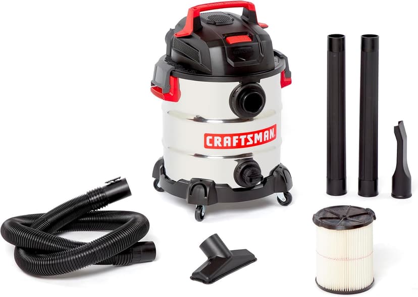 CRAFTSMAN CMXEVBE17155 10 Gallon 6.0 Peak HP Stainless Steel Wet Dry Vac, Portable Shop Vacuum Wet and Dry with Filter, Hose and Attachments for Home and Garage Use