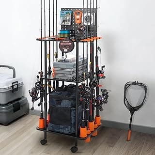 KastKing V10 Gear Trolley, Indoor Fishing Rod Holder for 10 Combos, 3-Tier Fishing Accessory Shelves With Peg Wall, Patented Built-in Line Spooler, Mobile Tackle Storage Cart With Locking Wheels