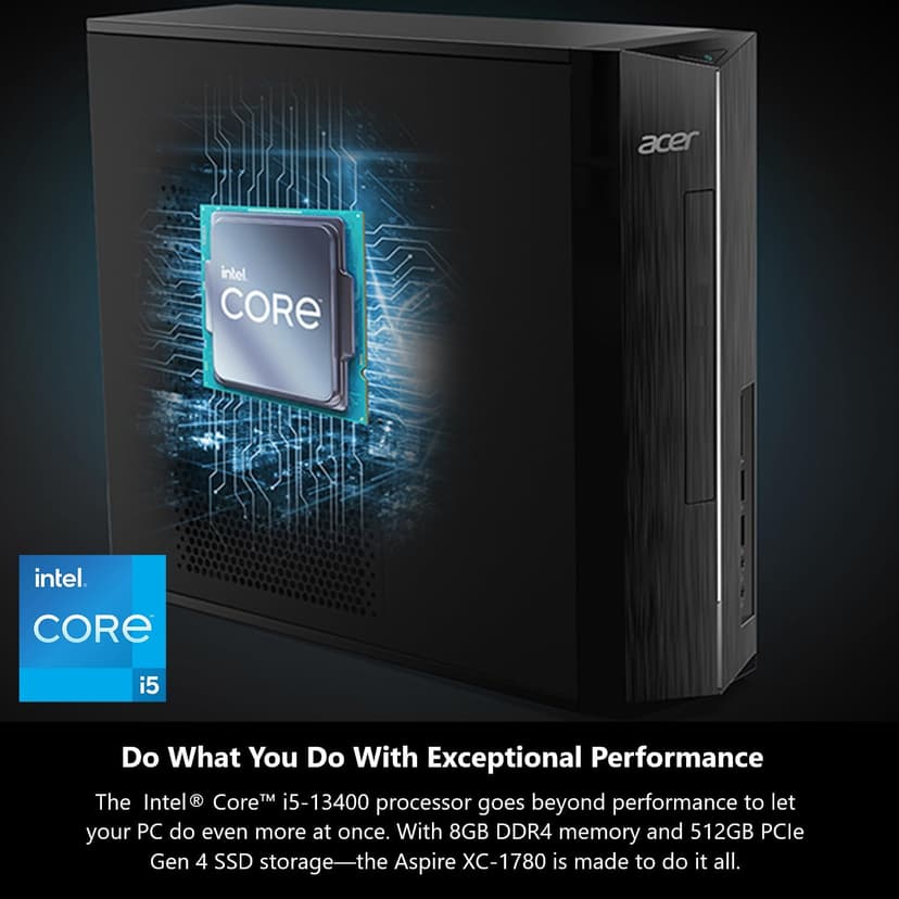 acer Aspire XC-1780-UA91 Desktop | Intel Core i5-13400 10-Core Processor (Up to 4.6GHz) | 8GB 3200MHz DDR4 RAM | 512GB PCIe Gen 4 SSD | SD Card Reader | Intel Wi-Fi 6E AX211 | Windows 11 Home
