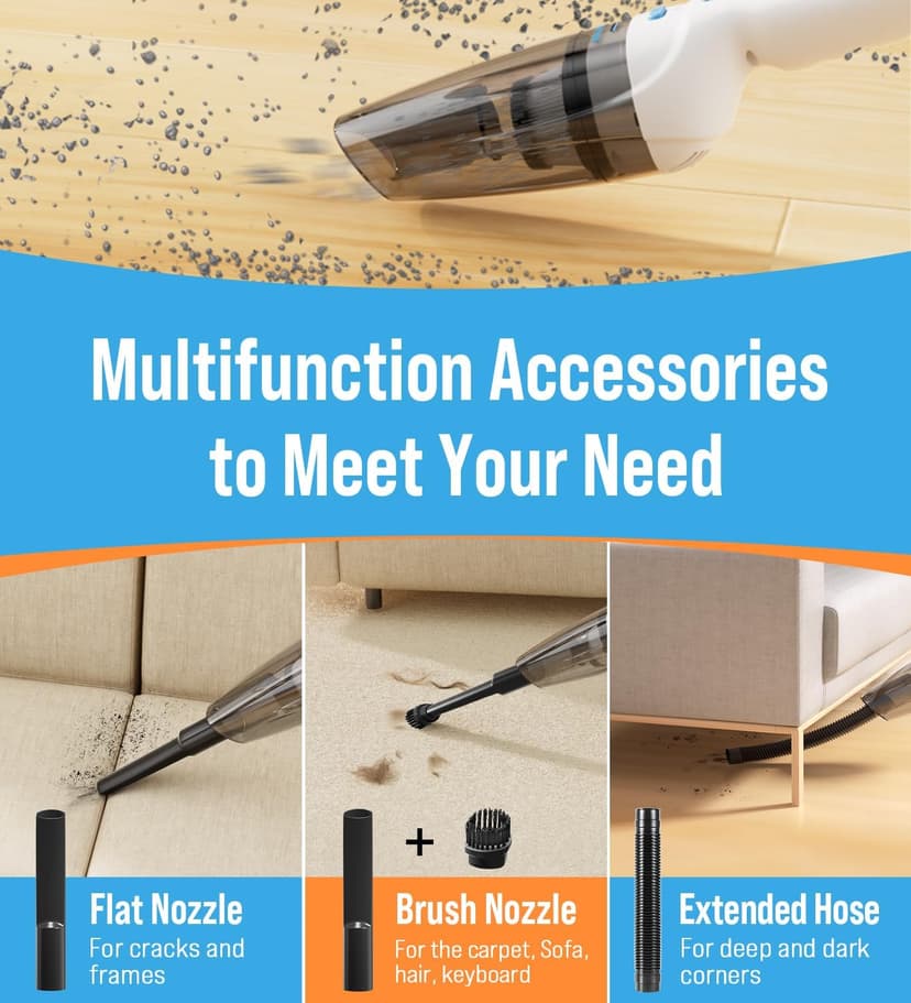 Milunho Powerful Handheld Vacuum Cordless, 9500PA Rechargeable Car Vacuum Portable Cordless, Lightweight & Portable Mini Handheld Vacuum Cleaner with Large-Capacity Battery for Car/Home/Pet