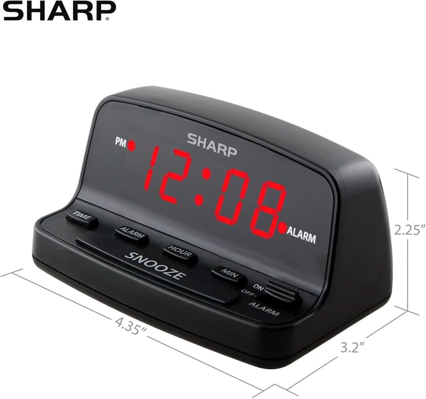Sharp Digital Alarm Clock with Keyboard Style Controls, Battery Back-up, Easy to Use with Simple Operation, Black Case with Red LED Display