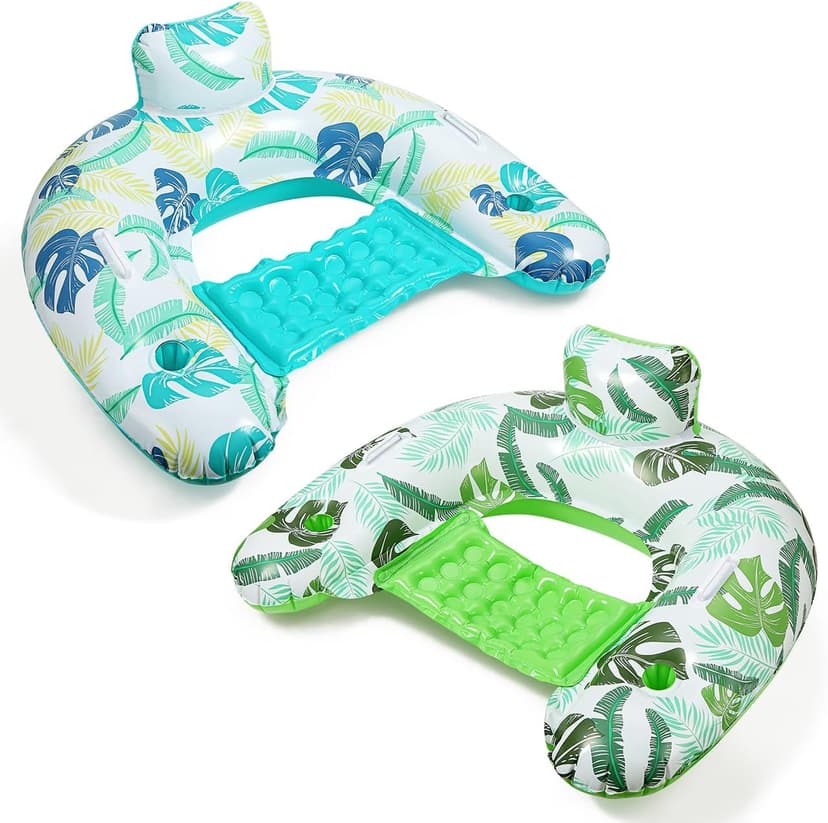 2 Pack Inflatable Pool Float Chair, Floating Pool Chair Adults Pool Lounger Float with Cup Holder & Handles Water Floats for Adults Lake Chair Floats for Swimming Pool River Beach Party