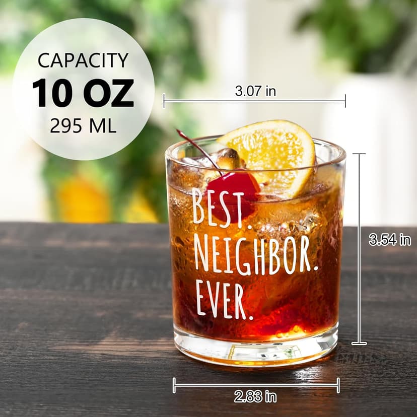 Futtumy Best Neighbor Ever Whiskey Glass, Farewell Gifts for Neighbors, Moving Away Housewarming Goodbye Welcome Appreciation New Neighborhood Novelty Christmas Gift, 10 Oz Old Fashioned Glass